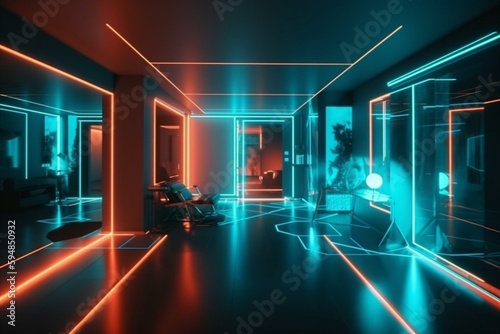 Futuristic room illuminated by neon lights, powered by an electric energy source and technology. Generative AI