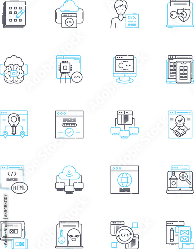 Smart computing linear icons set. Automation, Artificial intelligence, Big data, Cloud computing, Cryptography, Cybersecurity, Data analytics line vector and concept signs. Digitalization,Machine