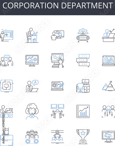 Corporation department line icons collection. Executive suite, Agency division, Government branch, Judicial chamber, Legislative assembly, Business unit, Marketing team vector and linear illustration