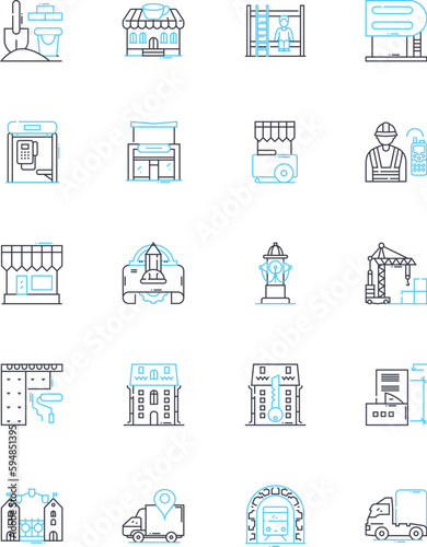 Metropolitan structure linear icons set. Cityscape, Architecture, Transportation, Urbanization, Gridlock, Density, Crowded line vector and concept signs. Skyline,Diversity,Development outline