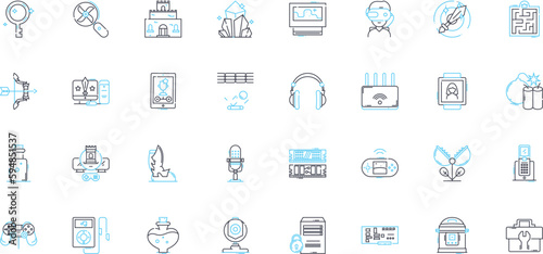 Video game market linear icons set. Gaming, Industry, Console, Mobile, PC, Virtual, Augmented line vector and concept signs. Competition,eSports,Streaming outline illustrations