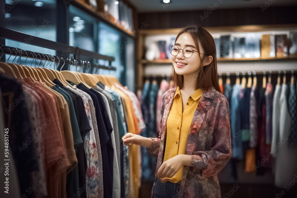 An Asian woman shopping in a boutique is captured in this captivating image, showcasing the vibrant colors and textures of the fabrics. generative AI