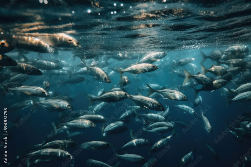 School of fish swimming in the ocean. AI generative image. School of fish swimming in the ocean. AI generative image.