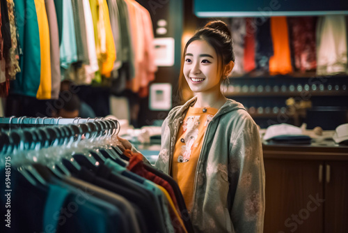 An Asian woman shopping in a boutique is captured in this captivating image, showcasing the vibrant colors and textures of the fabrics. generative AI