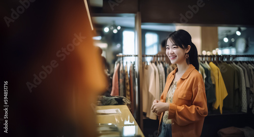 An Asian woman shopping in a boutique is captured in this captivating image, showcasing the vibrant colors and textures of the fabrics. generative AI