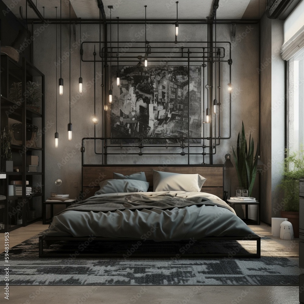 A modern Industrial Chic Bedroom with black metal pipes and striking ...