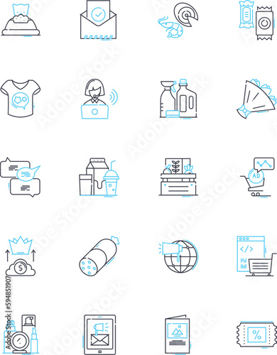 Grocery store linear icons set. Produce, Deli, Bakery, Meat, Dairy, Snacks, Beverages line vector and concept signs. Canned,Frozen,Fresh outline illustrations