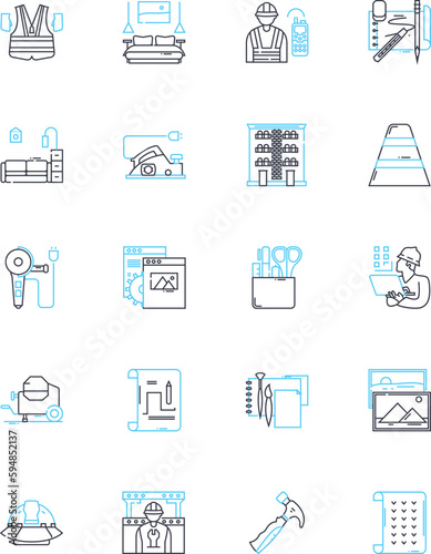 Construction supplies linear icons set. Lumber, Cement, Bricks, Steel, Sand, Gravel, Concrete line vector and concept signs. Plywood,Rebar,Timber outline illustrations