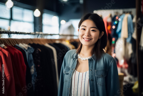Young Asian entrepreneur woman showcases stylish clothing designs in her bustling shop, attracting smiling and satisfying customers with ease. generative AI