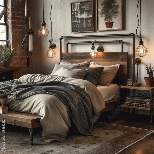 A rustic Industrial Chic Bedroom with metal pipe accents and antique brass lighting, showcasing a reclaimed wood headboard and a vintage rug, generative ai