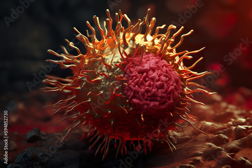 Good cells covered by cancer cells in light orange style. Tumor microenvironment concept with cancer cells. Nanoparticles, cancer associated. 3D realistic illustration. Creative AI