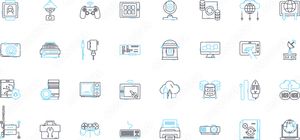 Electronic workplaces linear icons set. Digitized, Automated, Electronically-connected, Streamlined, Cybernetic, Efficient, Smart line vector and concept signs. Generative AI
