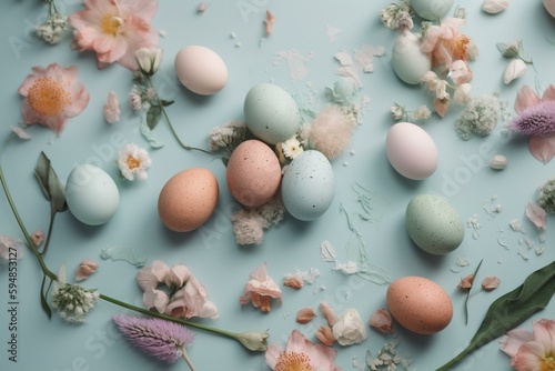 Easter composition with eggs and flowers on pastel background. Flat lay, top view. Generative AI