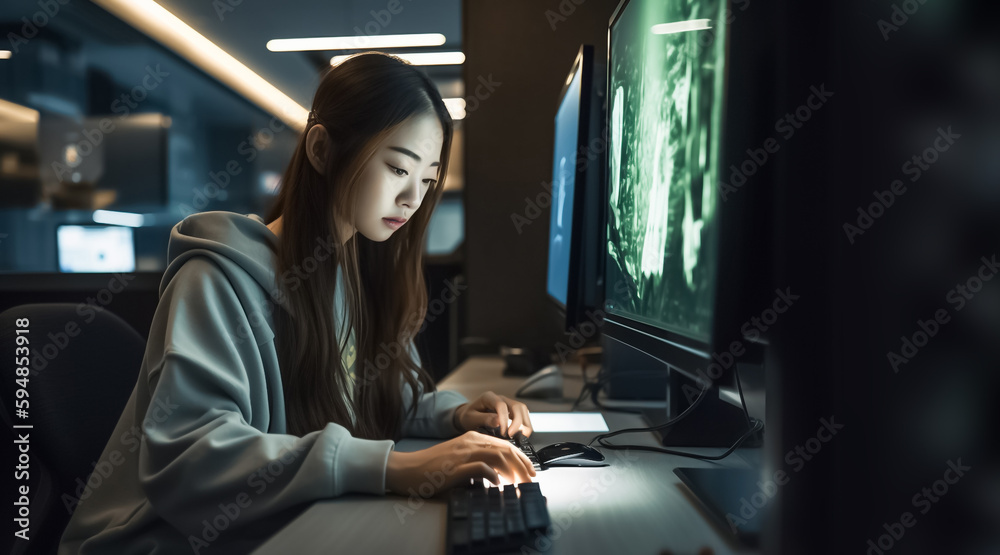 a young Asian woman sitting in front of a computer as she works on programming and development projects in the dark room. generative AI a young Asian woman sitting in front of a computer as she works on programming and development projects in the dark room. generative AI