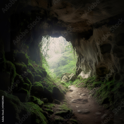 Lightning inside dark cave stone. Inside the cave. Entrance to the cave. 3D realistic illustration. Creative AI
