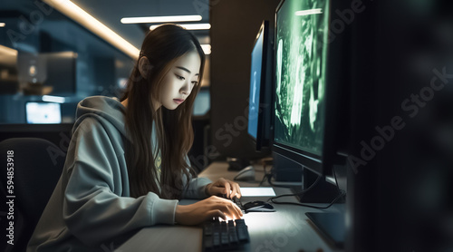 a young Asian woman sitting in front of a computer as she works on programming and development projects in the dark room. generative AI