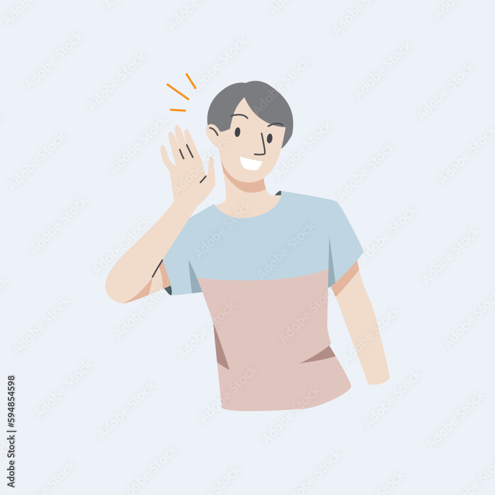 People smiles and holds hand near his ear. The guy listening or hearing and accept all opinion.Comunication concept.Vector illustration. People smiles and holds hand near his ear. The guy listening or hearing and accept all opinion.Comunication concept.Vector illustration.