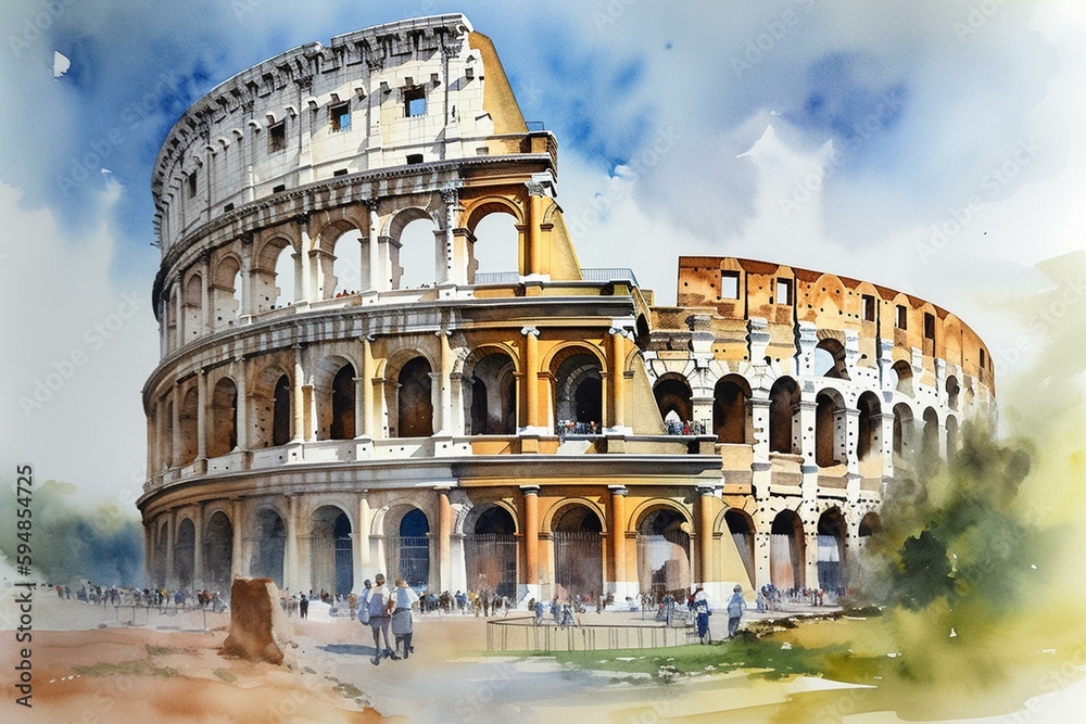 Watercolor painting of Colosseum in Rome, Italy. Generative AI