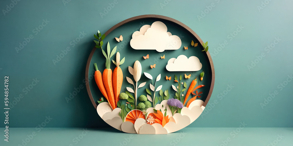 Paper cut out art of garden vegetables and flowers in a circular design, post processed generative AI art