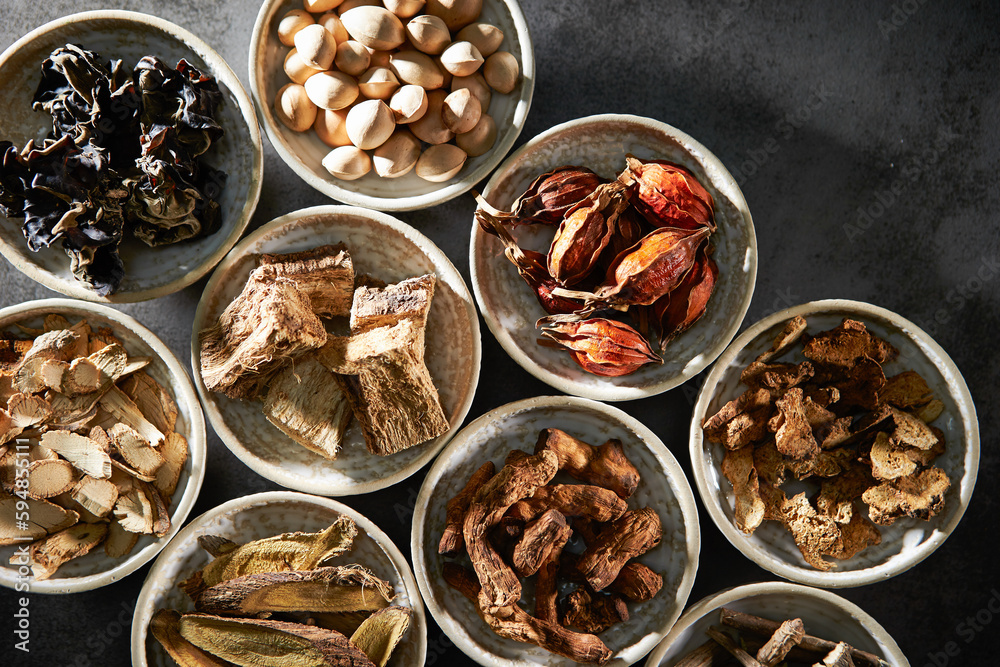 Various kinds of herbal medicines on a plate Various kinds of herbal medicines on a plate
