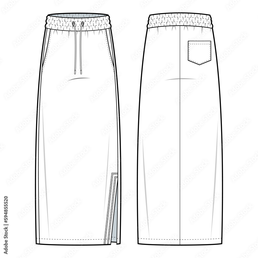 Maxi skirt with drawstring waist technical fashion illustration. Maxi ...