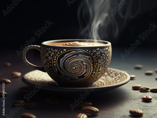 Ceramic hot coffee mug with fractal geometry. Coffee cup painted in fractal patterns on a matte background. 3D realistic illustration. Creative AI