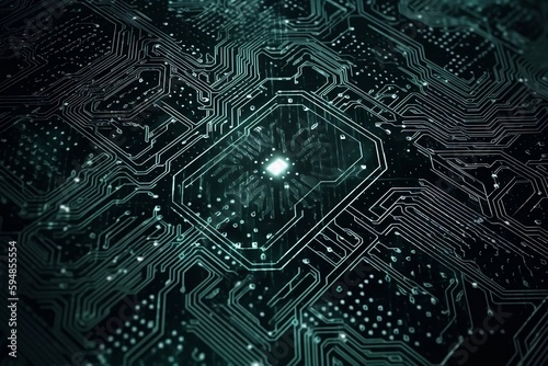 Abstract and futuristic circuit board background pattern with particles and grid patterns. generative AI