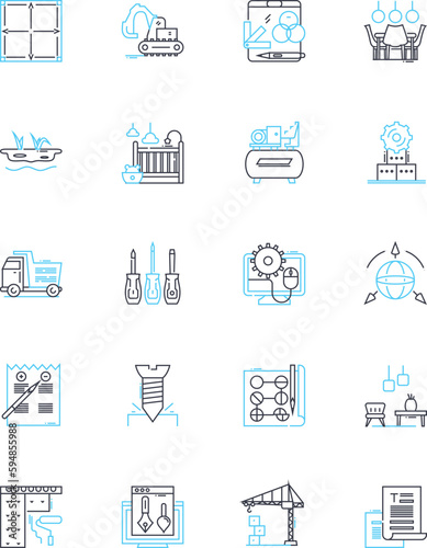 Building compnts linear icons set. Roofing, Flooring, Insulation, Windows, Doors, Ceilings, Walls line vector and concept signs. Columns,Beams,Bricks outline illustrations Generative AI
