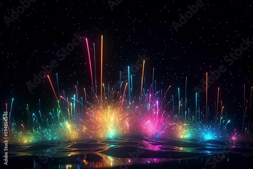 abstract dark background with colorful bright neon stars and glowing lines