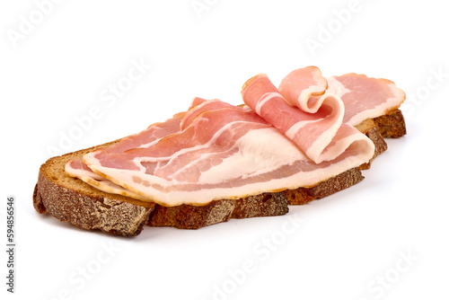 Sandwich with thinly sliced bacon, isolated on white background.