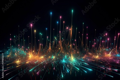 abstract dark background with colorful bright neon stars and glowing lines photo