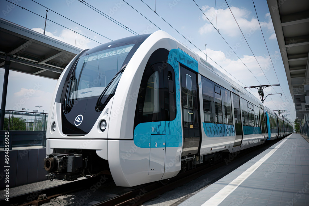 Naklejka premium Futuristic blue train with wind turbines and solar panels