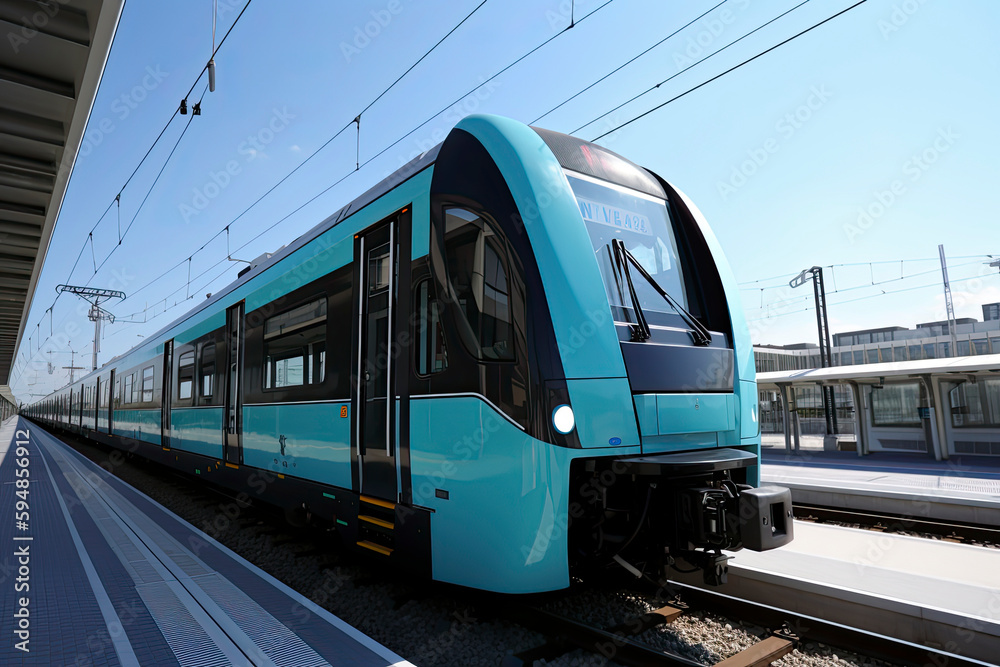 Futuristic blue train with wind turbines and solar panels