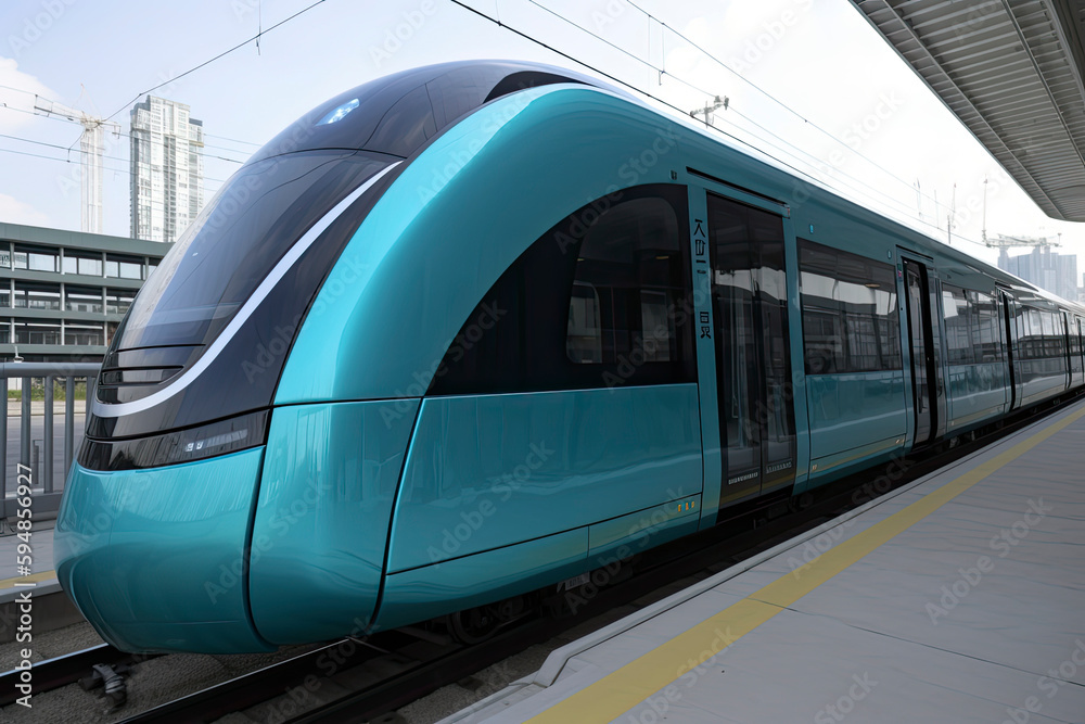 Fototapeta premium Futuristic blue train with wind turbines and solar panels