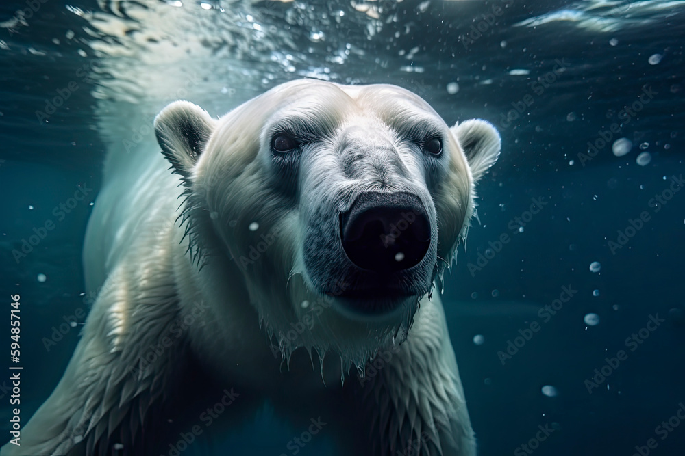 Action closeup of polar bear with big paws swimming undersea with bubbles under the water