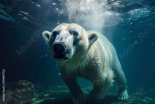 Action closeup of polar bear with big paws swimming undersea with bubbles under the water © rufous