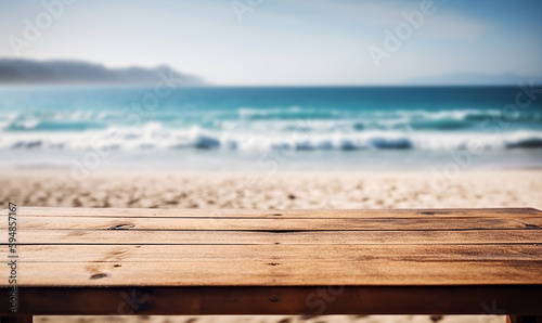 A close-up of an empty wooden table over blurred sunny tropical empty beach background