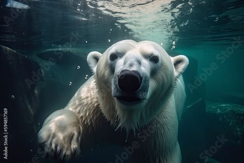 Action closeup of polar bear with big paws swimming undersea with bubbles under the water © rufous