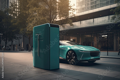 an onstreet e charging station, in the style of emerald and aquamarine, captivating cityscapes photo