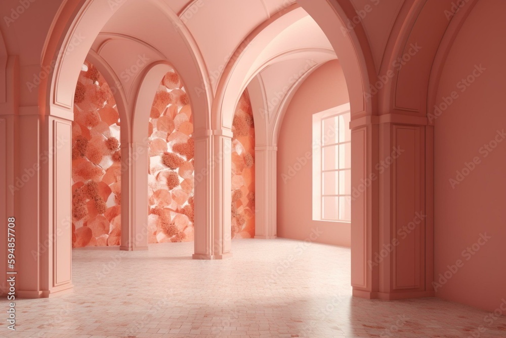 Interior with arches and terrazzo flooring is peach pink coral. mock up of an illustration. Generative AI
