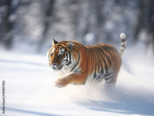 A tiger that is running in the snow