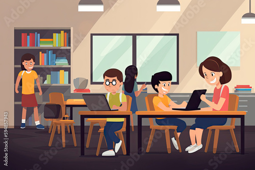 Children with technology tablet and laptop computer in class teacher on background