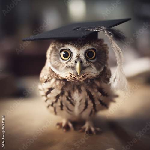 An owl with a graduation cap on is wearing a graduation cap.