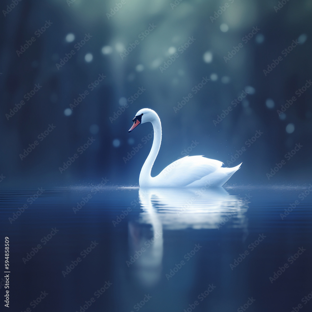 Fototapeta premium A white swan is swimming in a dark blue water.