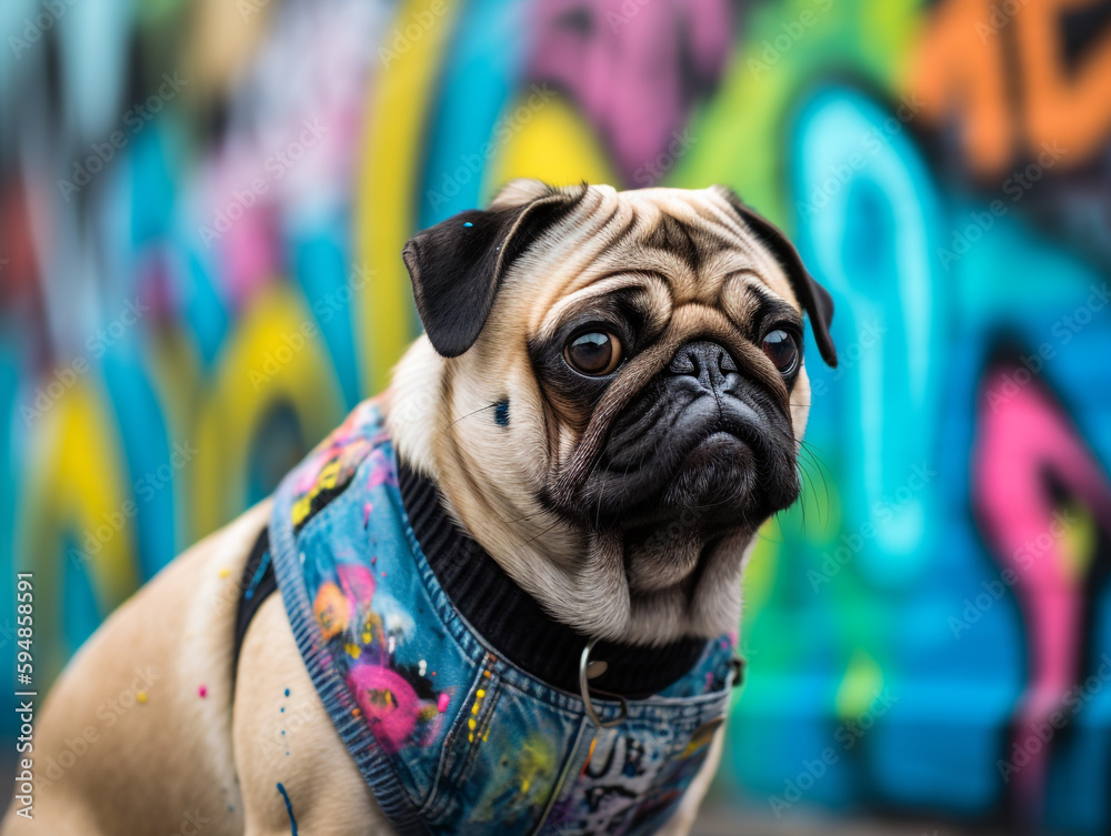 A pug dog wearing a vest with the word love on it.