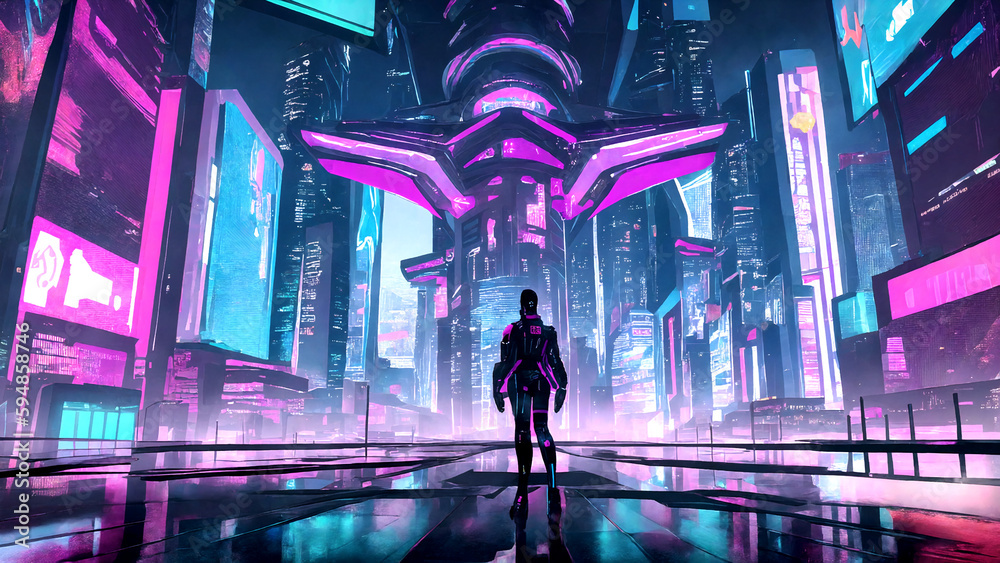 A woman on a futuristic cyberpunk neon city