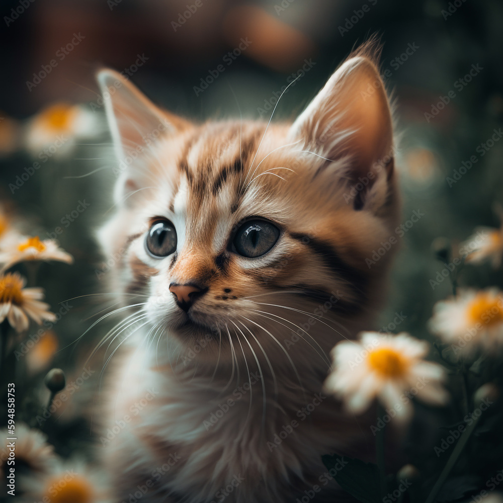 A kitten in a field of flowers