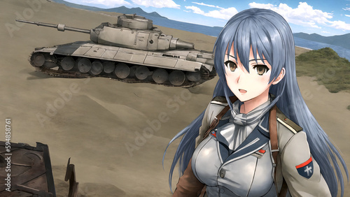 An anime soldier girl in front of a tank on the desert photo