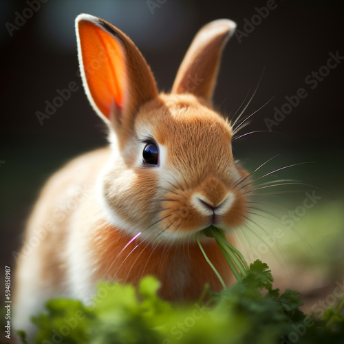 A brown rabbit with a long tail is eating grass. © Malek