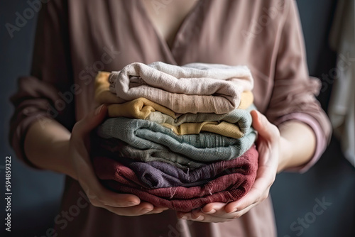Hands hold a stack of organic clothing and cotton colors. Eco friendly fabric shop © rufous